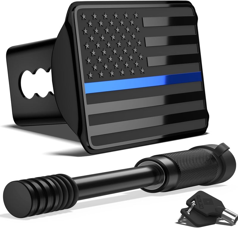 OGYE Heavy American Flag Metal Trailer Hitch Cover for 2 Inch Receivers (with 5/8-inch Pin Diameter Trailer Hitch Lock,Black&Thin Blue Line) - Image 1